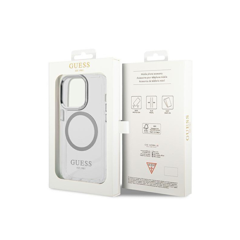 Guess Metal Outline MagSafe dėklas, skirtas iPhone 14 Pro Max - sidabrinis