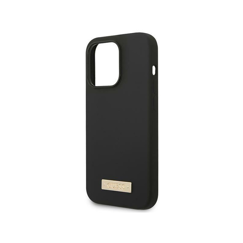 Guess Silicone Logo Plate MagSafe dėklas, skirtas iPhone 14 Pro Max - juodas