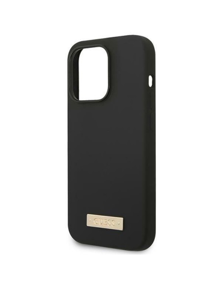 Guess Silicone Logo Plate MagSafe dėklas, skirtas iPhone 14 Pro Max - juodas Guess Silicone Logo Plate MagSafe dėklas, skirtas iPhone 14 Pro Max - juodas