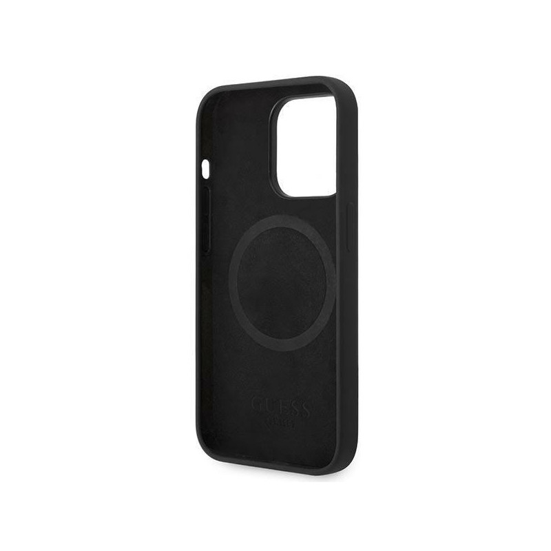 Guess Silicone Logo Plate MagSafe dėklas, skirtas iPhone 14 Pro Max - juodas