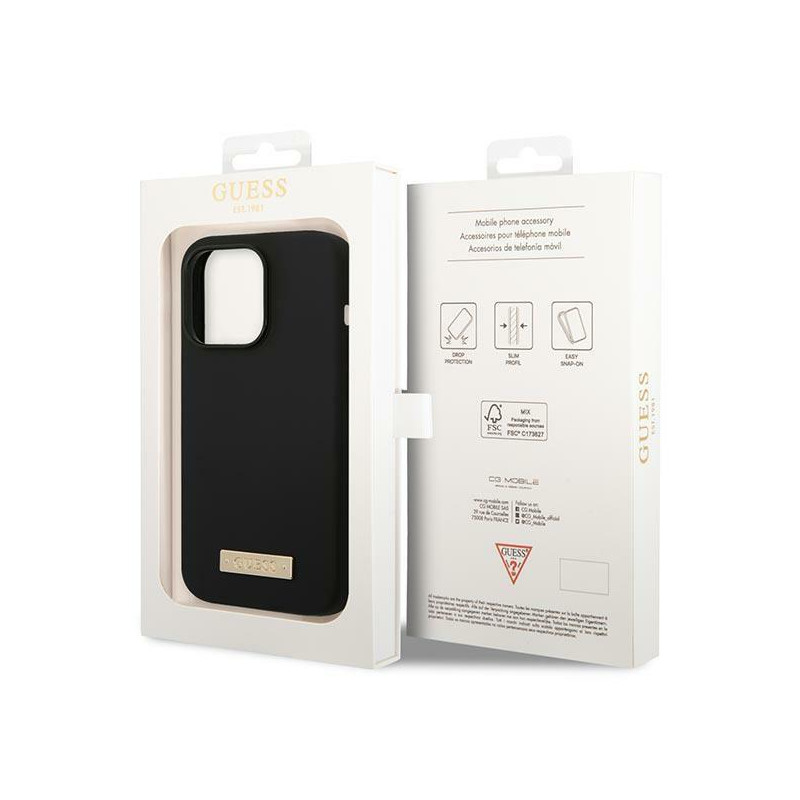 Guess Silicone Logo Plate MagSafe dėklas, skirtas iPhone 14 Pro Max - juodas
