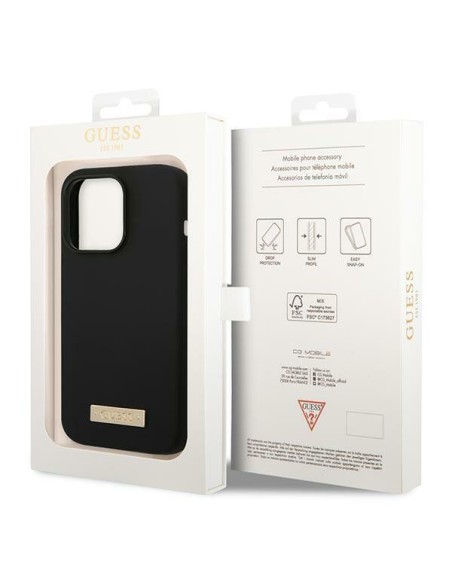 Guess Silicone Logo Plate MagSafe dėklas, skirtas iPhone 14 Pro Max - juodas Guess Silicone Logo Plate MagSafe dėklas, skirtas iPhone 14 Pro Max - juodas