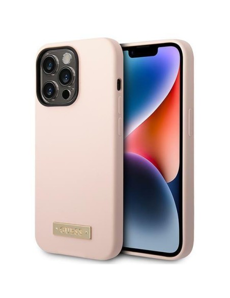 Guess Silicone Logo Plate MagSafe dėklas iPhone 14 Pro Max - rožinis