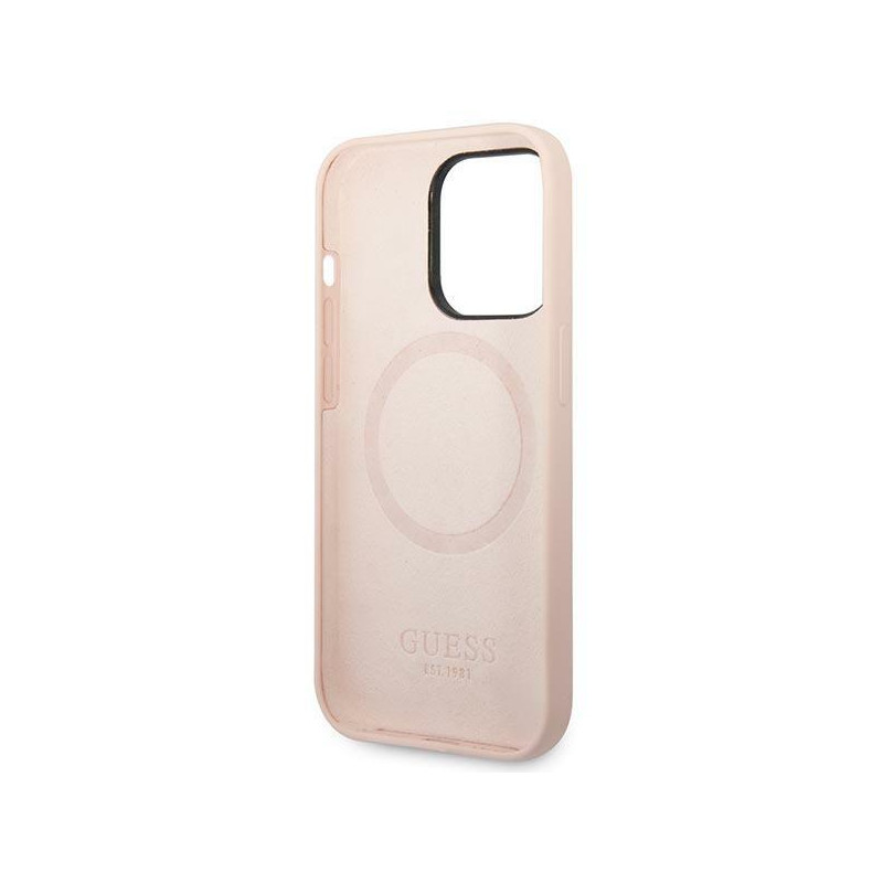 Guess Silicone Logo Plate MagSafe dėklas iPhone 14 Pro Max - rožinis