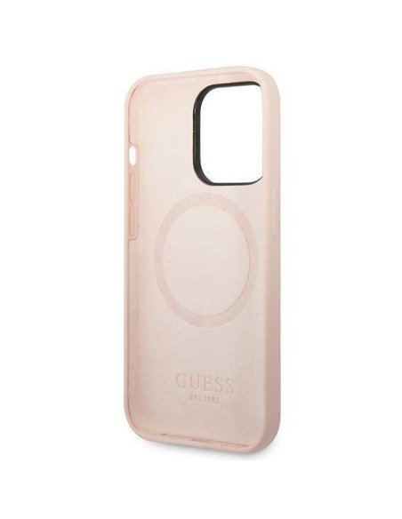 Guess Silicone Logo Plate MagSafe dėklas iPhone 14 Pro Max - rožinis