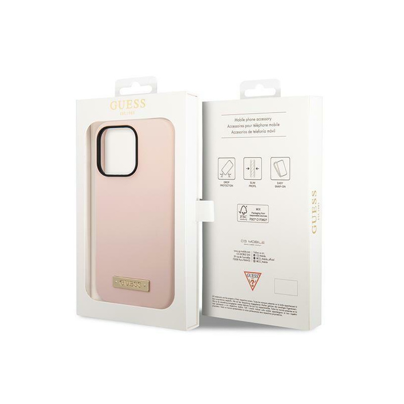 Guess Silicone Logo Plate MagSafe dėklas iPhone 14 Pro Max - rožinis