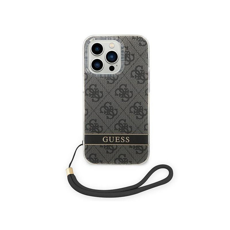 Guess 4G Print Strap dėklas iPhone 14 Pro - juodas
