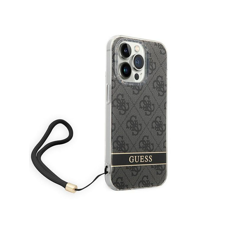Guess 4G Print Strap dėklas iPhone 14 Pro - juodas