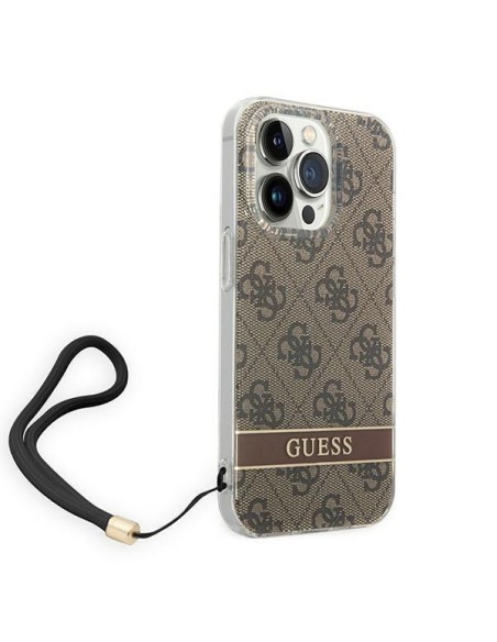Guess 4G Print Strap dėklas iPhone 14 Pro - rudas Guess 4G Print Strap dėklas iPhone 14 Pro - rudas
