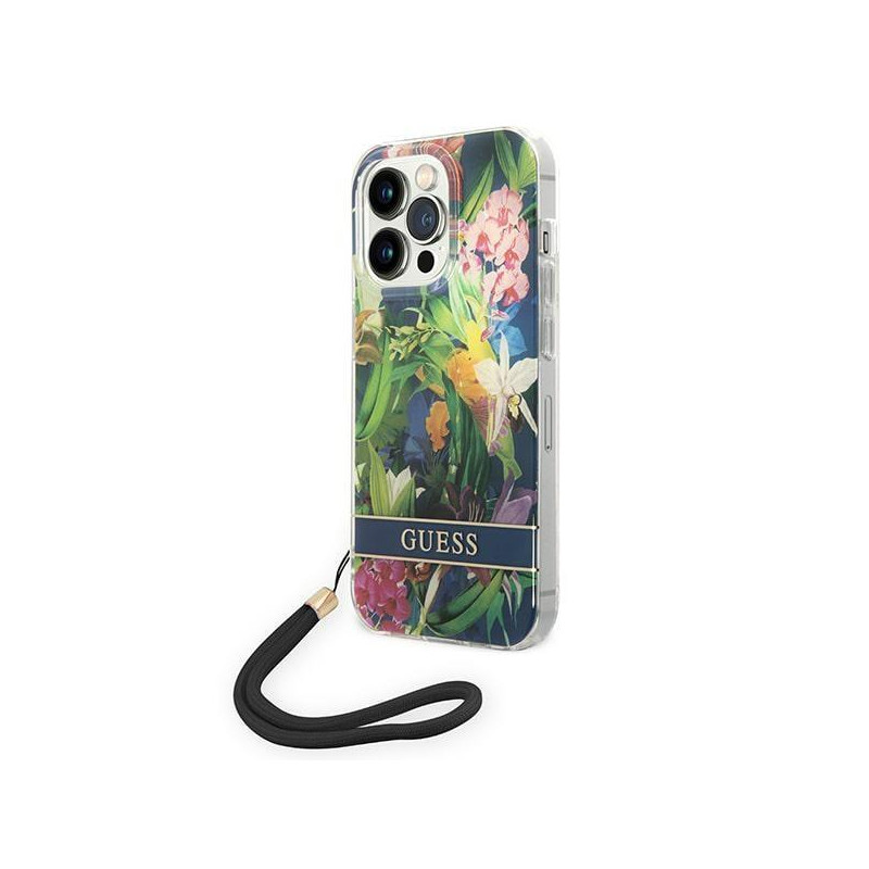 Guess Flower Strap dėklas iPhone 14 Pro - mėlynas