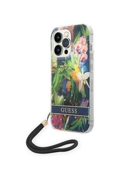 Guess Flower Strap dėklas iPhone 14 Pro - mėlynas Guess Flower Strap dėklas iPhone 14 Pro - mėlynas
