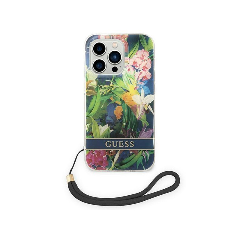 Guess Flower Strap dėklas iPhone 14 Pro - mėlynas