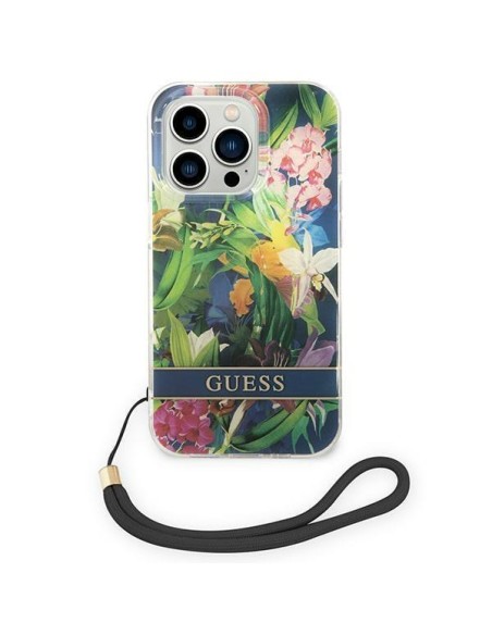 Guess Flower Strap dėklas iPhone 14 Pro - mėlynas Guess Flower Strap dėklas iPhone 14 Pro - mėlynas
