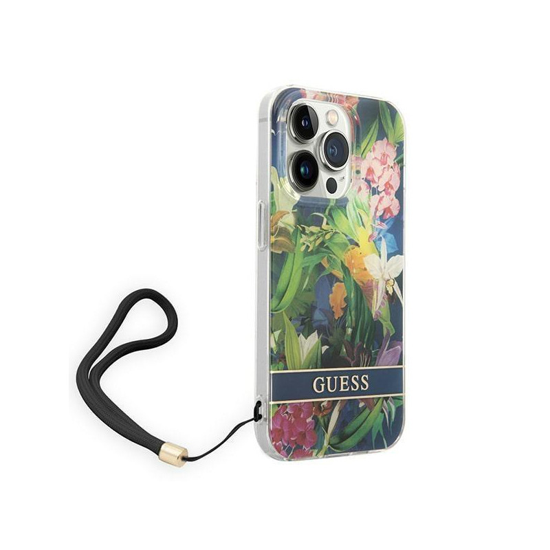 Guess Flower Strap dėklas iPhone 14 Pro - mėlynas