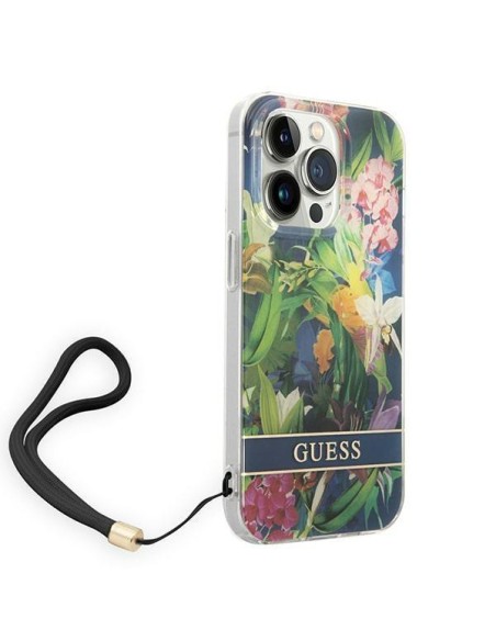 Guess Flower Strap dėklas iPhone 14 Pro - mėlynas Guess Flower Strap dėklas iPhone 14 Pro - mėlynas