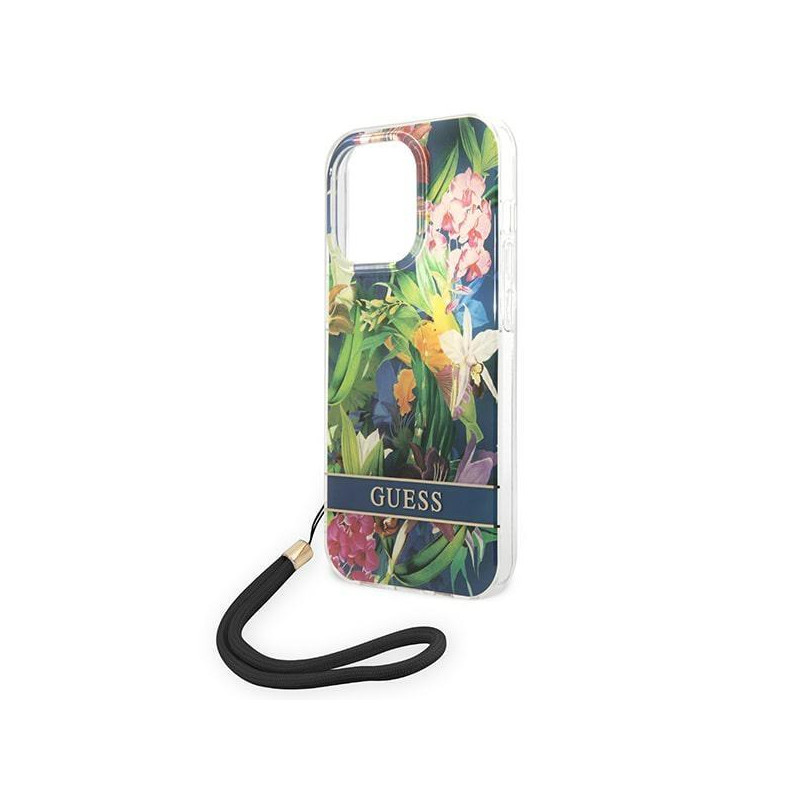 Guess Flower Strap dėklas iPhone 14 Pro - mėlynas