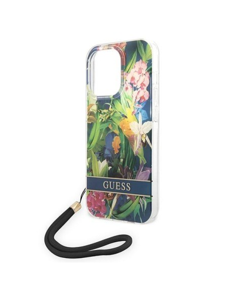 Guess Flower Strap dėklas iPhone 14 Pro - mėlynas Guess Flower Strap dėklas iPhone 14 Pro - mėlynas