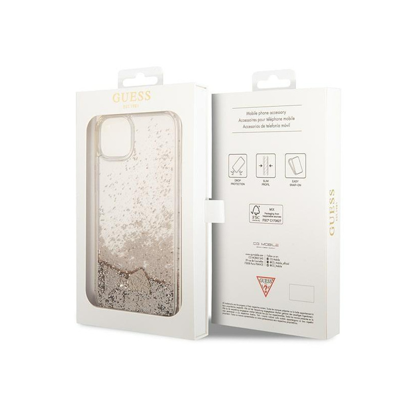 Guess Glitter Charms dėklas iPhone 14 Plus - auksinis