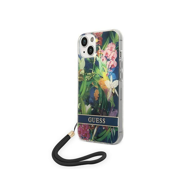Guess Flower Strap dėklas iPhone 14 Plus - mėlynas Guess Flower Strap dėklas iPhone 14 Plus - mėlynas