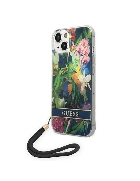 Guess Flower Strap dėklas iPhone 14 Plus - mėlynas Guess Flower Strap dėklas iPhone 14 Plus - mėlynas