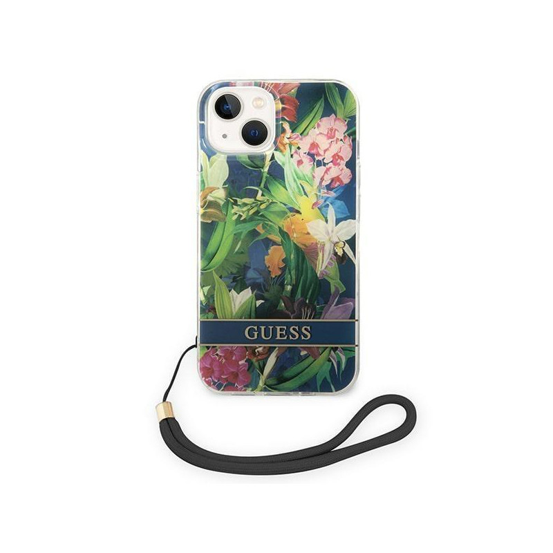 Guess Flower Strap dėklas iPhone 14 Plus - mėlynas
