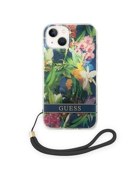 Guess Flower Strap dėklas iPhone 14 Plus - mėlynas Guess Flower Strap dėklas iPhone 14 Plus - mėlynas