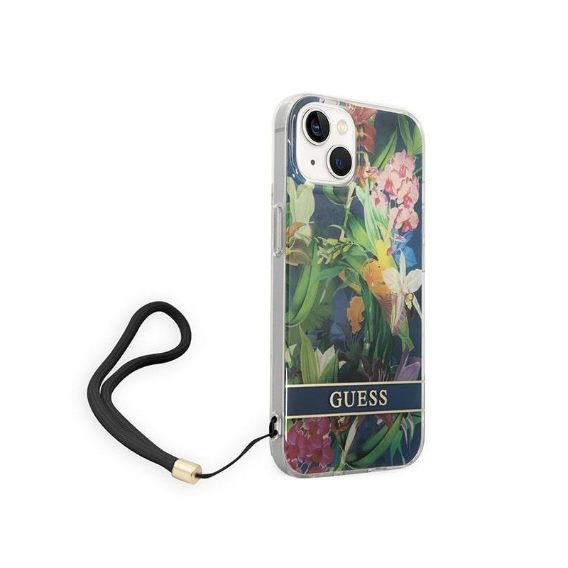Guess Flower Strap dėklas iPhone 14 Plus - mėlynas