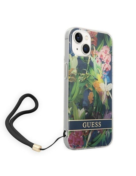 Guess Flower Strap dėklas iPhone 14 Plus - mėlynas Guess Flower Strap dėklas iPhone 14 Plus - mėlynas