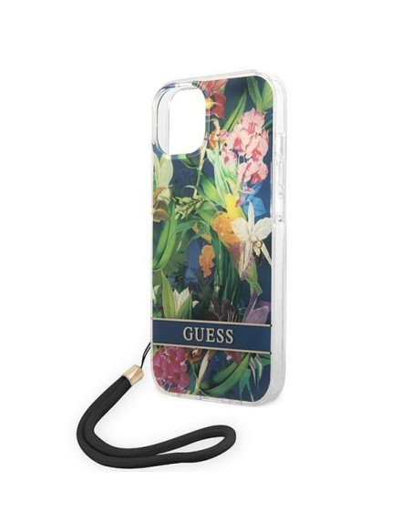 Guess Flower Strap dėklas iPhone 14 Plus - mėlynas Guess Flower Strap dėklas iPhone 14 Plus - mėlynas