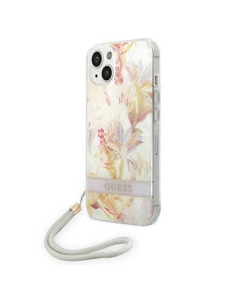 Guess Flower Strap dėklas iPhone 14 Plus - violetinis Guess Flower Strap dėklas iPhone 14 Plus - violetinis