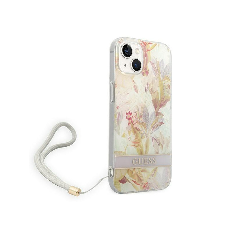 Guess Flower Strap dėklas iPhone 14 Plus - violetinis