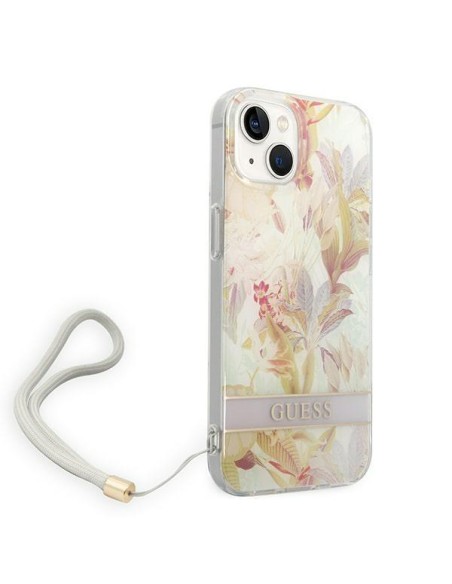 Guess Flower Strap dėklas iPhone 14 Plus - violetinis Guess Flower Strap dėklas iPhone 14 Plus - violetinis