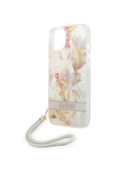 Guess Flower Strap dėklas iPhone 14 Plus - violetinis Guess Flower Strap dėklas iPhone 14 Plus - violetinis