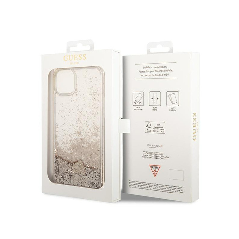 Guess Glitter Charms dėklas iPhone 14 - auksinis