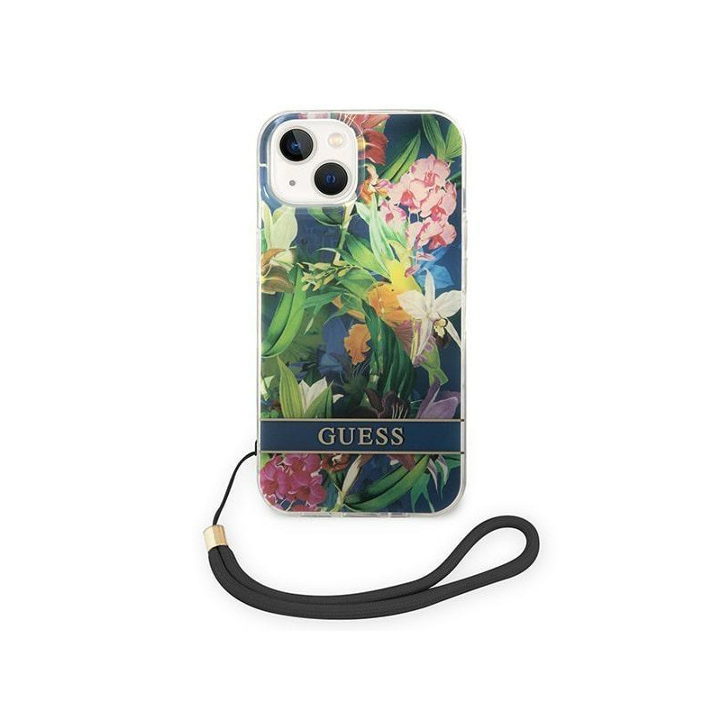 Guess Flower Strap dėklas iPhone 14 - mėlynas