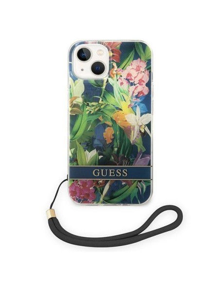 Guess Flower Strap dėklas iPhone 14 - mėlynas Guess Flower Strap dėklas iPhone 14 - mėlynas