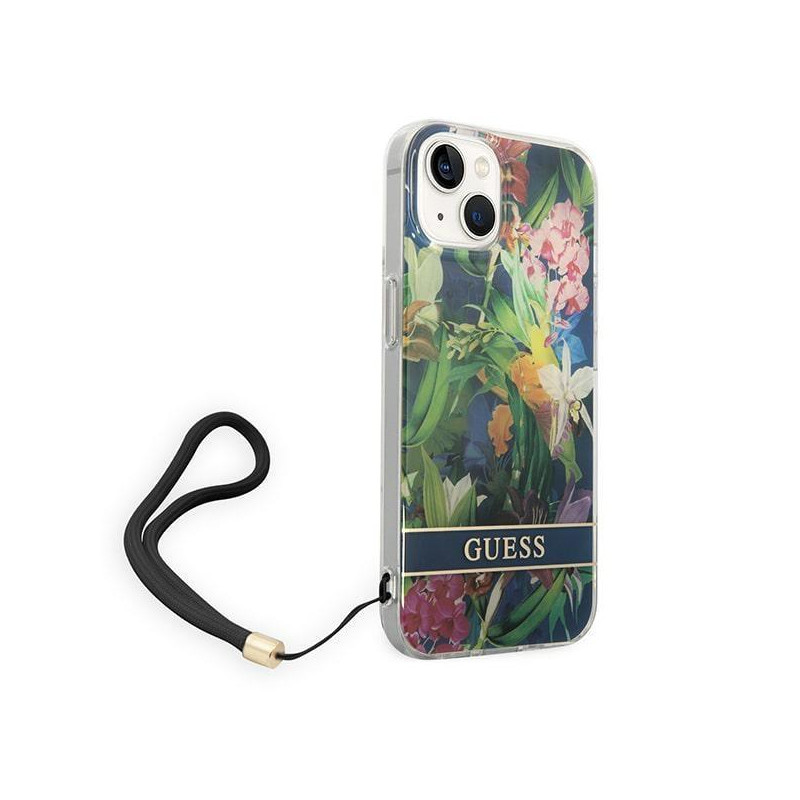 Guess Flower Strap dėklas iPhone 14 - mėlynas