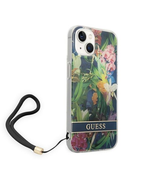 Guess Flower Strap dėklas iPhone 14 - mėlynas Guess Flower Strap dėklas iPhone 14 - mėlynas