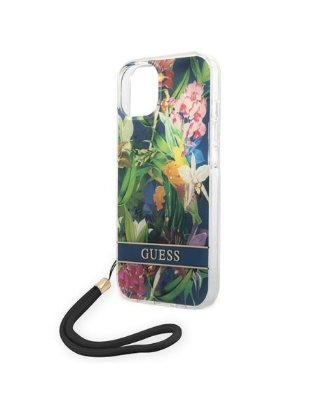 Guess Flower Strap dėklas iPhone 14 - mėlynas Guess Flower Strap dėklas iPhone 14 - mėlynas