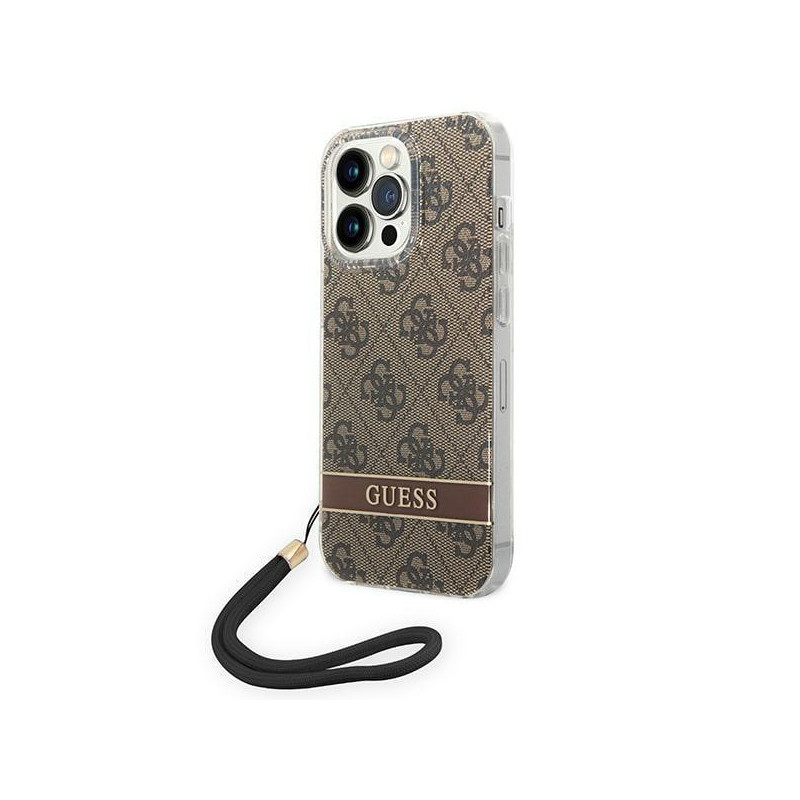 Guess 4G Print Strap dėklas, skirtas iPhone 14 Pro Max - rudas