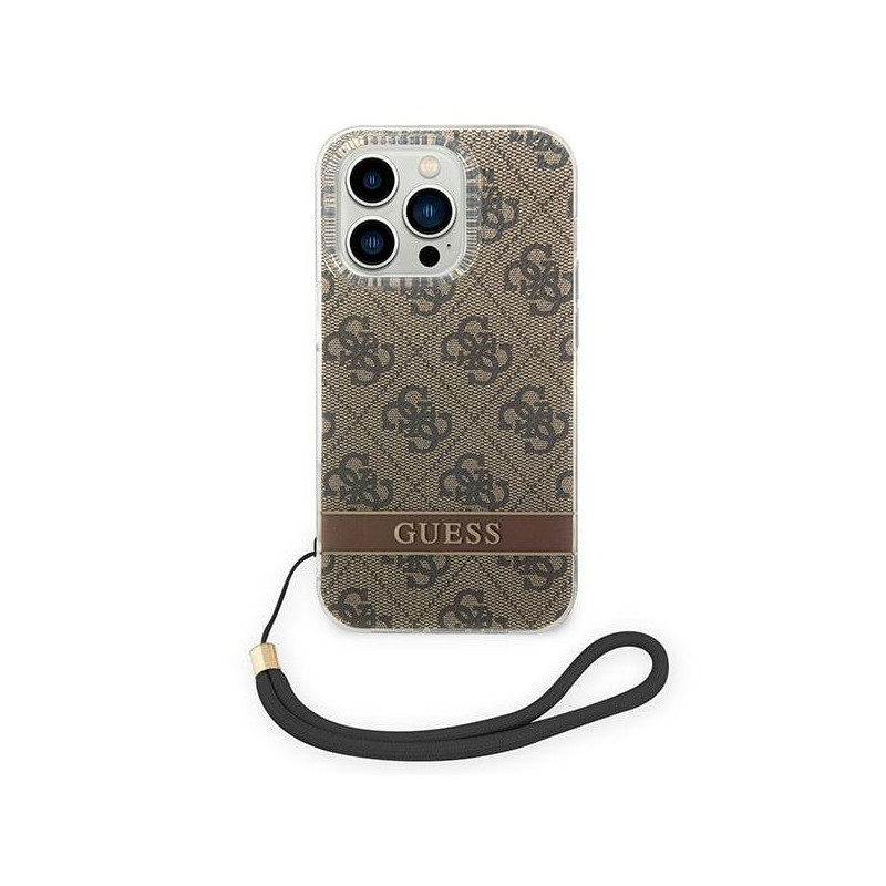Guess 4G Print Strap dėklas, skirtas iPhone 14 Pro Max - rudas