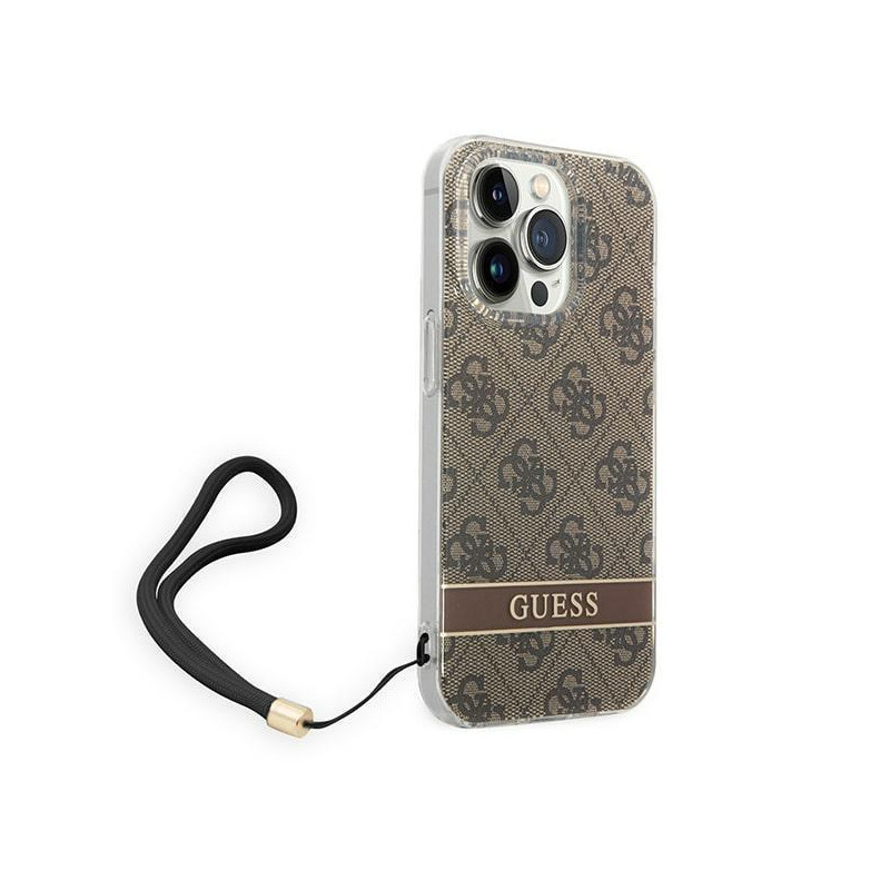 Guess 4G Print Strap dėklas, skirtas iPhone 14 Pro Max - rudas