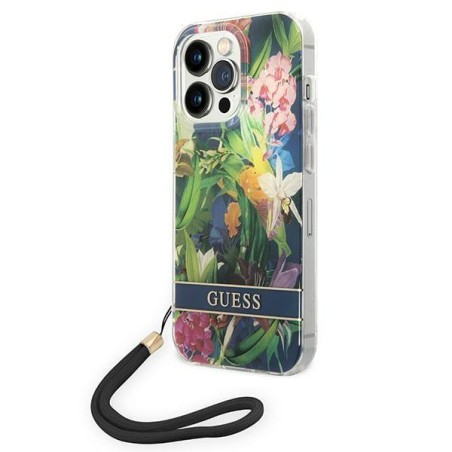 Guess Flower Strap dėklas iPhone 14 Pro Max - mėlynas Guess Flower Strap dėklas iPhone 14 Pro Max - mėlynas