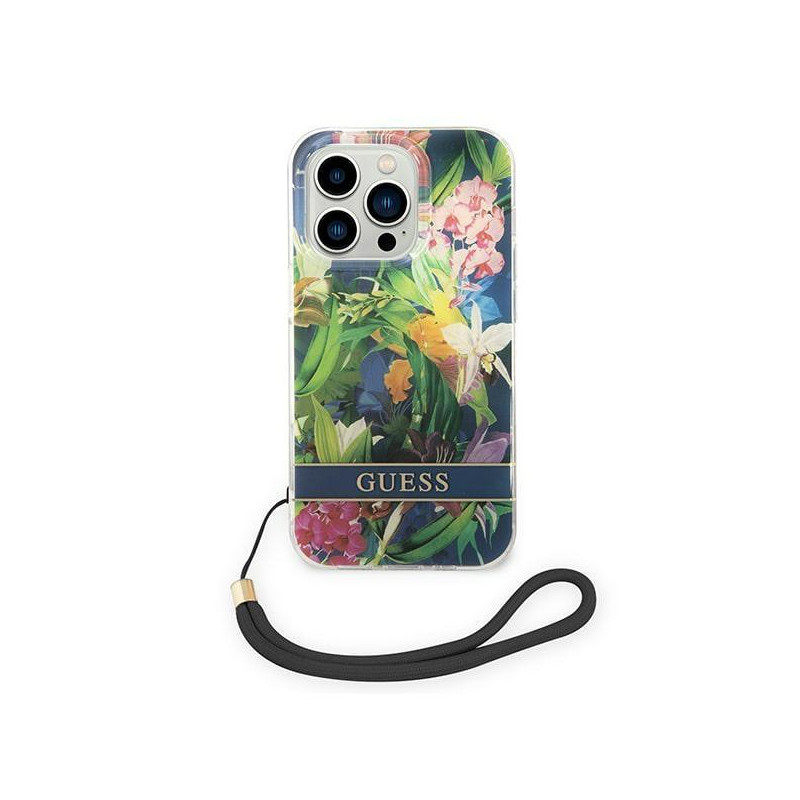 Guess Flower Strap dėklas iPhone 14 Pro Max - mėlynas