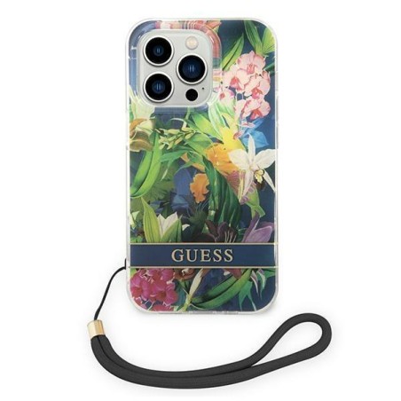Guess Flower Strap dėklas iPhone 14 Pro Max - mėlynas Guess Flower Strap dėklas iPhone 14 Pro Max - mėlynas