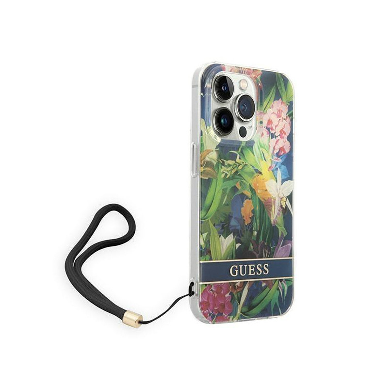 Guess Flower Strap dėklas iPhone 14 Pro Max - mėlynas