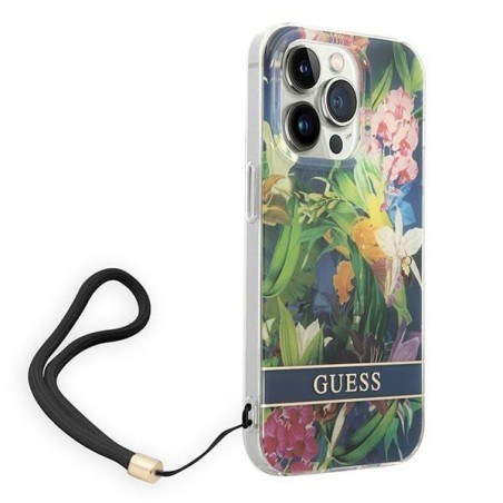 Guess Flower Strap dėklas iPhone 14 Pro Max - mėlynas Guess Flower Strap dėklas iPhone 14 Pro Max - mėlynas