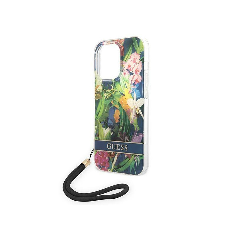 Guess Flower Strap dėklas iPhone 14 Pro Max - mėlynas