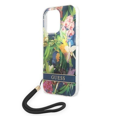 Guess Flower Strap dėklas iPhone 14 Pro Max - mėlynas Guess Flower Strap dėklas iPhone 14 Pro Max - mėlynas