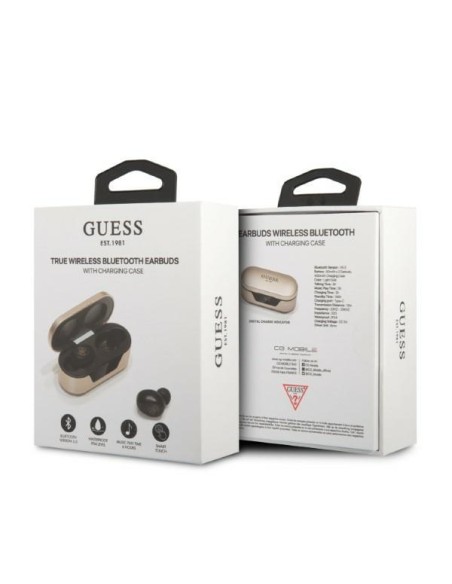 Guess TWS Bluetooth ausinės + dokas - auksinės spalvos Guess TWS Bluetooth ausinės + dokas - auksinės spalvos